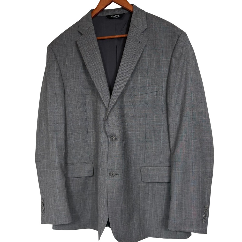 Jos A Bank Traveler Mens 46L Gray Windowpane Plaid 100% Wool Tailored Fit Jacket